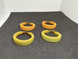 Vintage Carved Small Bakelite Butterscotch & Green Hoop Earrings Clip Tested Lot